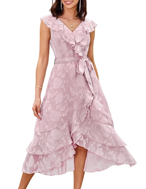 GRACE KARIN Women's Summer Chiffon Midi Dresses V Neck Ruffle Sleeveless Beach Party Cocktail Flowy Dress with Belt Pink Purple L