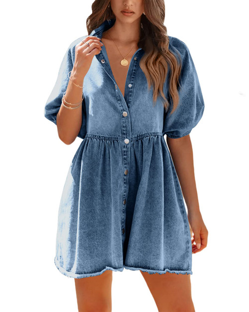 Pepochic Womens Denim Dress Summer Button Down Short Sleeve Babydoll Dress Puff Sleeve Flowy Jean Dress Blue