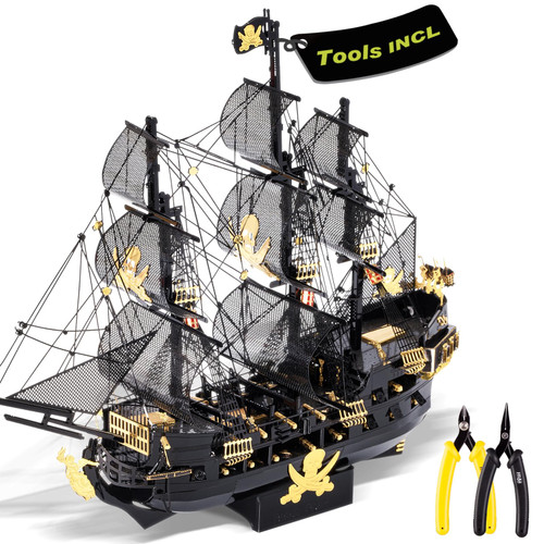 Piececool 3D Metal Puzzles for Adults, Black Pearl Pirate Ship Model Kits with DIY Tools, Watercraft Metal Model Building Kit for Birthday
