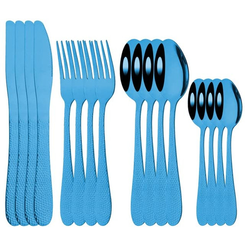 ONUIFIKE Silverware Set, 16Pcs Westerm Blue Cutlery Set Dinnerware Fork Knife Spoon Silverware Flatware Kitchen Dinner Stainless Steel Tableware Set (Color : Blue A)