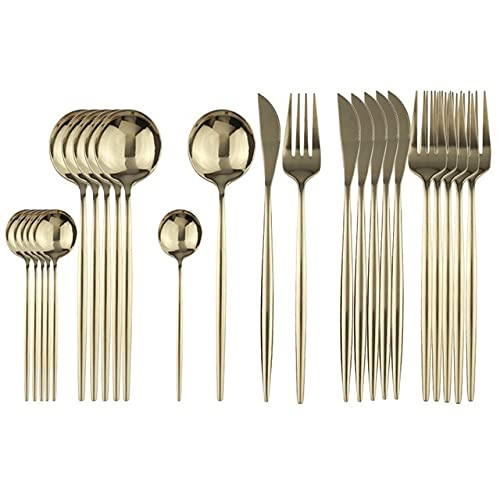 ONUIFIKE Silverware Set, 24Pcs Glossy Pure Gold Cutlery Set Kitchen Silverware Set Stainless Steel Dinnerware Set Knife Fork Spoon Flatware Tableware Set, Flatware Cutlery Set (Color : Champange)