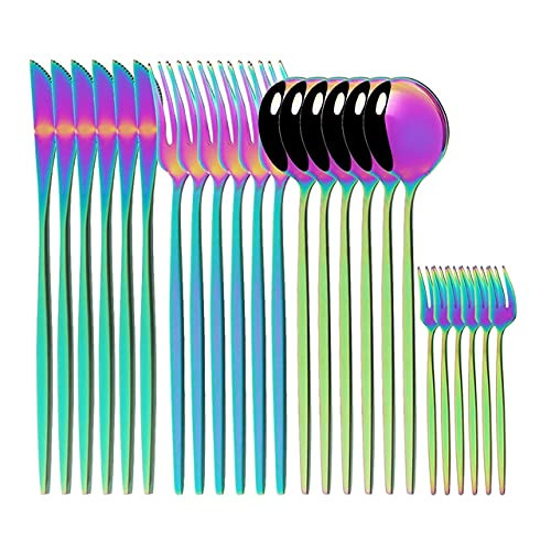 ONUIFIKE Silverware Set, 24Pcs Black Gold Dinnerware Set Stainless Steel Flatware Knife Fork Spoon Cutlery Set Tableware Silverware Set (Color : Rainbow)