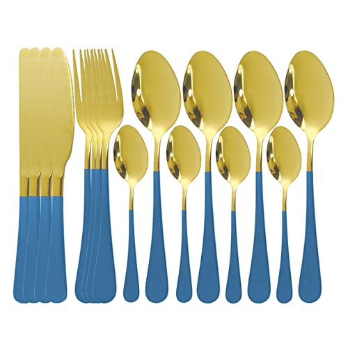 ONUIFIKE Silverware Set, Black Cutlery Set Stainless Steel Dinnerware Set Knife Fork Spoon Tableware Set Pink Gold Kitchen Flatware Dinner Set 16Pcs, Flatware Cutlery Set (Color : Blue Gold)