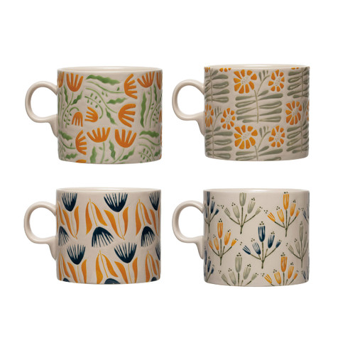 Creative Co-Op Hand Painted Stoneware Wax Relief Flower Design, Set of 4 Styles, Multicolor Mugs, Multi