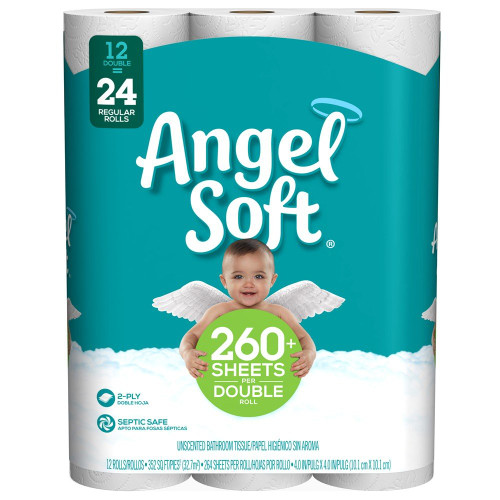 ANGEL SOFT Toilet Paper Bath Tissue, 12 Double Rolls, 260+ 2-Ply Sheets Per Roll