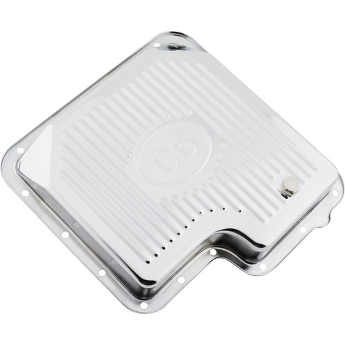 Fits Ford C6 Steel Transmission Pan, Stock Capacity, Ribbed, Chrome