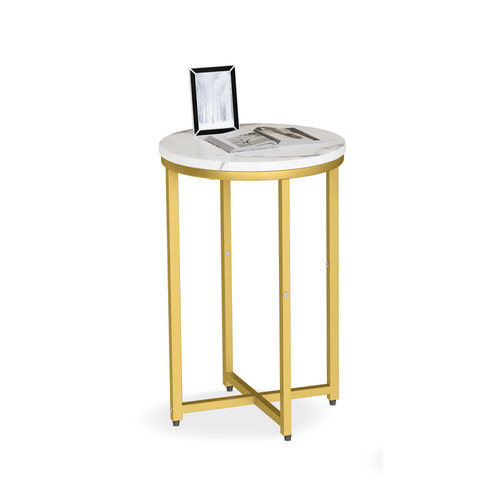 LinkRomat Round Side Table, Faux Marble White End Table, Modern Corner Table w/X-Based Metal Frame, Small Side Table Living Room Bedroom Bedside Tables Nightstand, 15.75D x 24.41H, Gold
