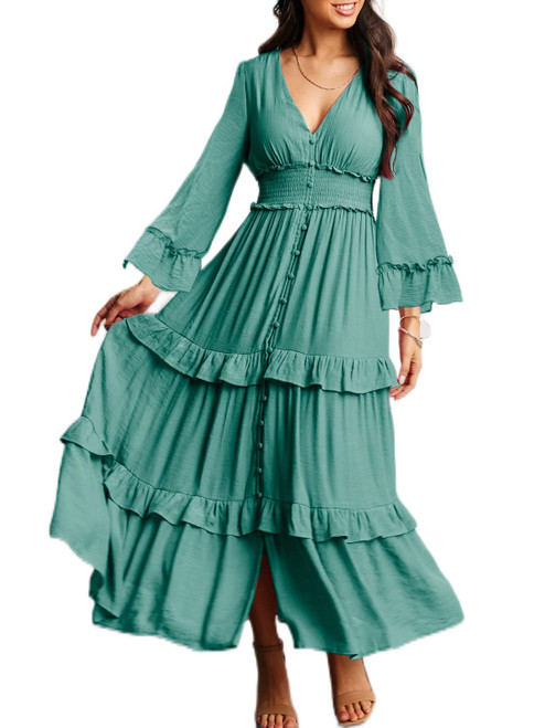 Amegoya Women's V Neck Long Sleeve Boho Maxi Dress Fall Wedding Guest Flowy Ruffle Tiered Engagement Dresses (M Green)