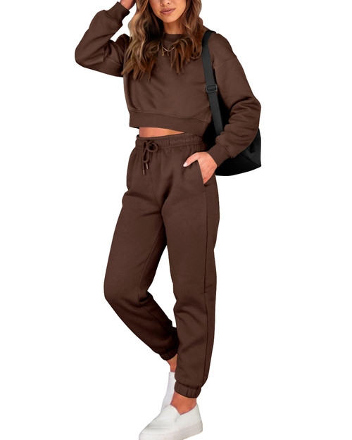 BTFBM Women 2 Piece Outfits 2023 Long Sleeve Crop Tops Tracksuit Drawstring Pant Jogger Set Casual Sweatsuits Pullover(Solid Coffee, Medium)