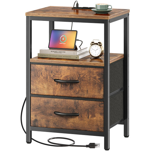 Huuger Nightstand with Charging Station, Side Table with Fabric Drawers, End Table with Open Shelf, Bedside Table with USB Ports and Outlets, Night Stand for Bedroom, Rustic Brown Huuger Nightstand with Charging Station, Side Table with Fabric Drawers, End Table with Open Shelf, Bedside Table with USB Ports and Outlets, Night Stand for Bedroom, Rustic Brown