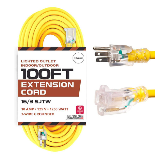 IRON FORGE CABLE 100 Ft Extension Cord Outdoor with 3 Prong and Lighted End - 16 Gauge Yellow Extension Cord 100 ft, SJTW 16/3 Weatherproof Long Extension Cord for Outside - US Veteran Owned Company