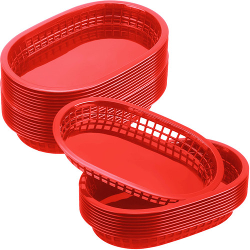 Potchen 60 Pack Fast Food Baskets for Serving,10.5'' x 7'' Plastic Bread Oval Retro Storage Basket Bin Service Tray Restaurant,Chip,Hot Dog,Burger,Sandwiches, BBQ, Picnic, Party (Red)