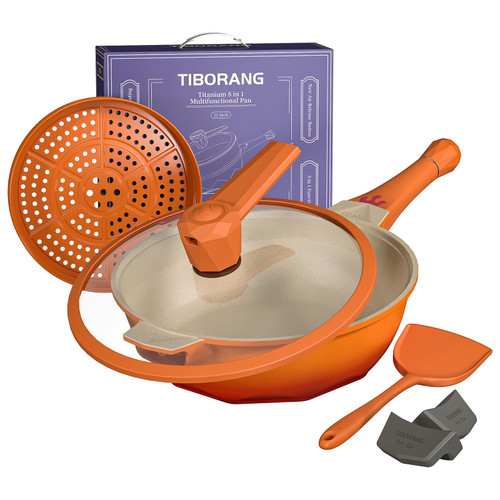 TIBORANG 8 in 1 Frying Pans Nonstick,11" Frying Pan Skillet with Lid,Steamer for Cooking,All in One Pan Cookware for All Stoves,Woks & Stir-Fry Pans Nonstick,Saute Pan PFAS-Free/PFOA Free(Tangerine) TIBORANG 8 in 1 Frying Pans Nonstick,11" Frying Pan Skillet with Lid,Steamer for Cooking,All in One Pan Cookware for All Stoves,Woks & Stir-Fry Pans Nonstick,Saute Pan PFAS-Free/PFOA Free(Tangerine)