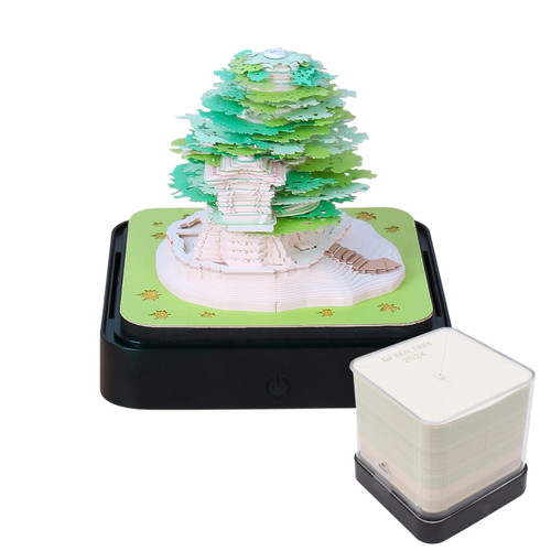 VINGVO 3D Art Desk Calendar, 2024 3D Memo Pad Calendar, Multifunctional Time Piece Calendar, 3D Paper Art Calendar with Lifelike Tree House for Home Office Decoration (Green)