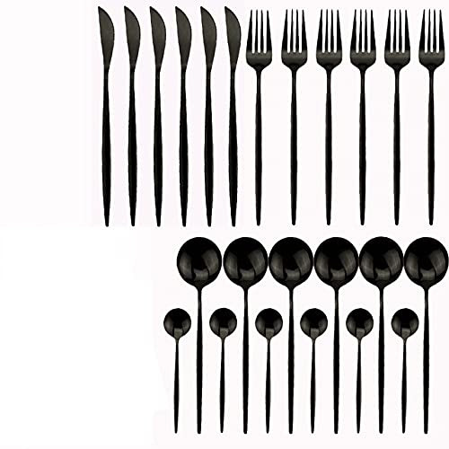 ONUIFIKE Silverware Set, 24pcs Black Tableware Set Knife Fork Spoon Dinner Set Gold Dinnerware Set Stainless Steel Cutlery Flatware Set Dishwasher Safe, Flatware Cutlery Set (Color : 24Pcs Black)