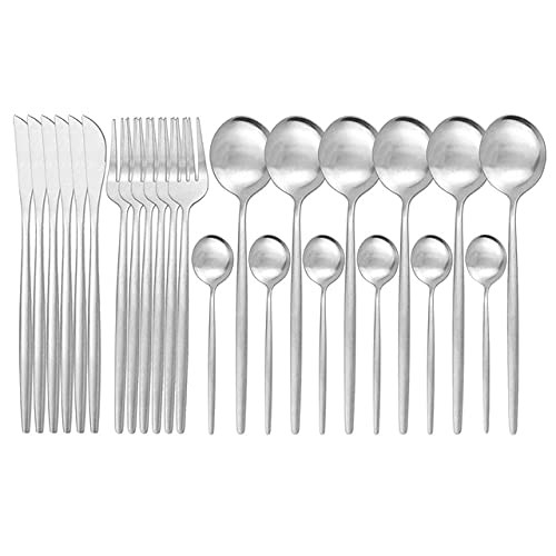 ONUIFIKE Silverware Set, 24Pcs Matte Champagne Cutlery Set 304 Stainless Steel Dinnerware Set Knife Fork Spoon Silverware Kitchen Flatware Tableware Set, Flatware Cutlery Set (Color : Silver)