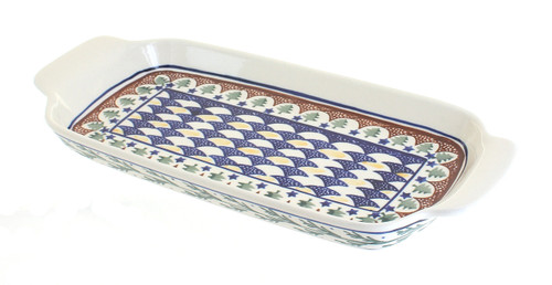 Blue Rose Polish Pottery Evergreen Bread Tray with Handles