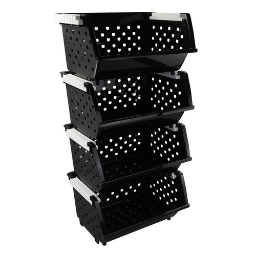 CadineUS Plastic Stackable Organizer Basket Bins, Kitchen Bathroom Stacking Bins Set of 4, Black