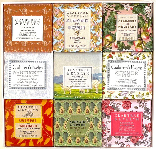 Crabtree & Evelyn Classics Bar Soap 9 Pc Set 3.5 oz ea. (Gardeners, Summer Hill, Nantucket, Avocado, Almond Milk.)
