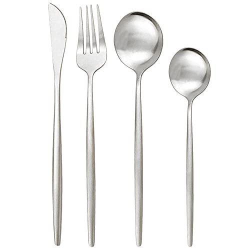 ONUIFIKE Silverware Set, Black Gold Matte Dinnerware Cutlery Flatware Set Stainless Steel Dinner Set Knife Fork Spoon Tableware Set Kitchen Accessories, Flatware Cutlery Set (Color : Silver, Size :