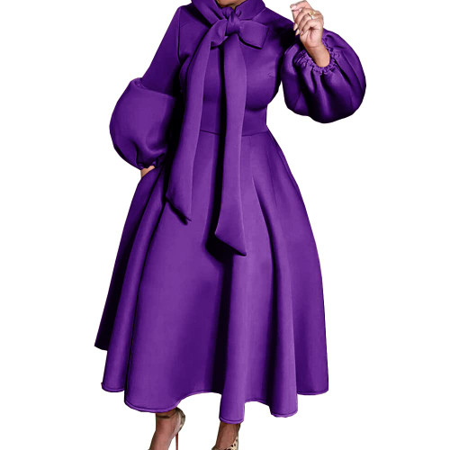 AOMEI Women's Purple Bowtie Neck Lantern Sleeve High Waist A-Line Long Dress(M,Medium)
