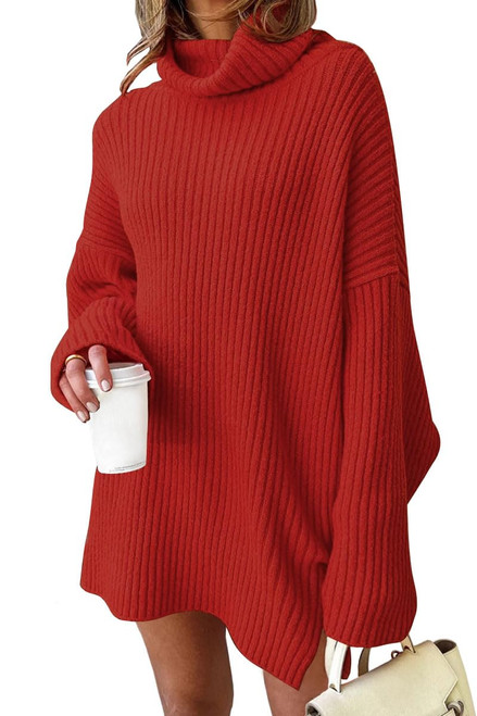EFAN Plus Size Sweaters Dress for Women Oversized Turtleneck Tops Long Batwing Sleeve Trendy Pullover Sweater Ribbed Knit Tunic Dress Tops Black