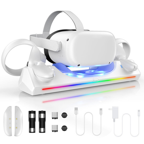 WIOR Charging Dock Compatible with Oculus Quest 2 Accessories, VR Headset Charging Stand Magnetic Charging Station for Meta Quest 2 and Touch Controllers with 2 Rechargeable Batteries/USB-C Charger