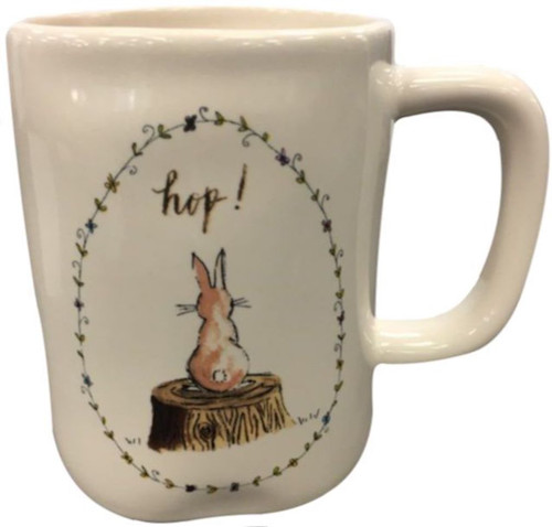 Rae Dunn Artisan Collection By Magenta Easter Mug Dishwasher Safe HOP-Bunny Rabbit On A Stump Backwards