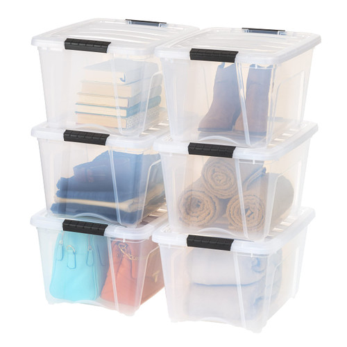 IRIS USA 32 Quart Stackable Plastic Storage Bins with Lids and Latching Buckles, 6 Pack - Clear, Containers with Lids and Latches, Durable Nestable Closet, Garage, Totes, Tubs Boxes Organizing