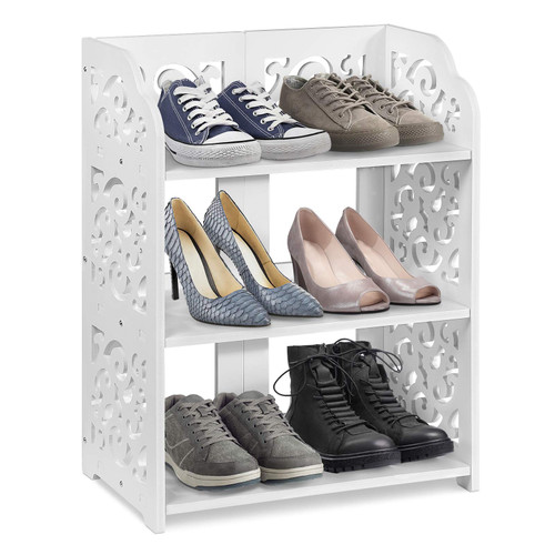 Ejoyous 3 Tier Shoes Rack, White Wood Plastic Durable Space Saving Shoe Storage Organizer, Modern Standing Shoes Tower Shelf Cabinet Holder Container Closet, Easy to Set Up