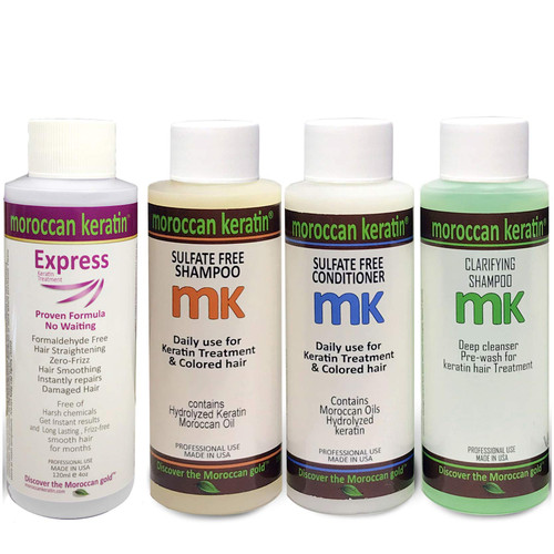 Moroccan Keratin Express Smoothing Straightening Hair Treatment Formaldehyde Free No-Wait Formula Instant Results 120mlx4 with Clarifying Shampoo, Sulfate-Free Shampoo and Conditioner Moroccan Keratin Express Smoothing Straightening Hair Treatment Formaldehyde Free No-Wait Formula Instant Results 120mlx4 with Clarifying Shampoo, Sulfate-Free Shampoo and Conditioner