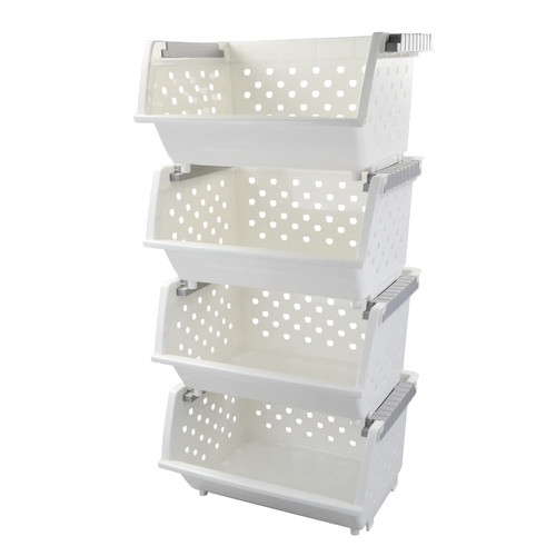 Yesdate 4-Pack Plastic Stackable Storage Basket Organizer, Multi-functional Stacking Basket Bins, White