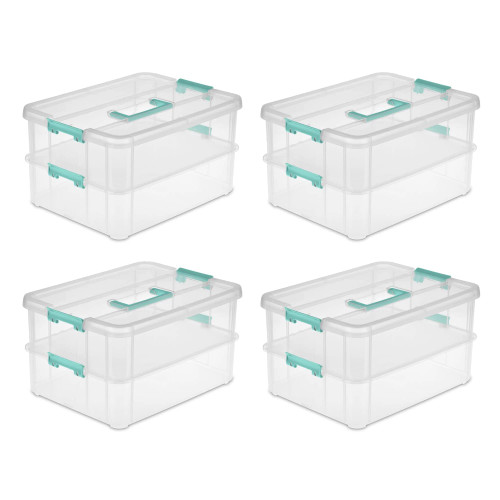 Sterilite Stack and Carry 2 Layer Handle Box, Stackable Plastic Small Storage Container with Latching Lid, Bin to Organize Crafts, Clear, 4-Pack