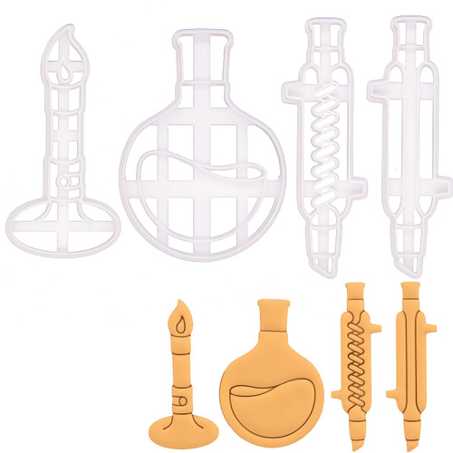Set of 4 Laboratory themed cookie cutters (Designs: Round Bottom Flask, Liebig, Graham Condenser, Bunsen Burner), 4 pieces - Bakerlogy