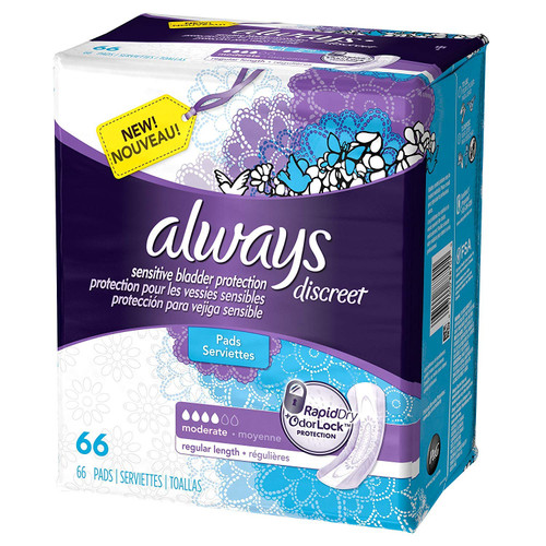 Always Discreet Incontinence Pads, Moderate, Regular Length, 66 Count - 2 Pack (Includes 132 Pads Total.) Always Discreet Incontinence Pads, Moderate, Regular Length, 66 Count - 2 Pack (Includes 132 Pads Total.)