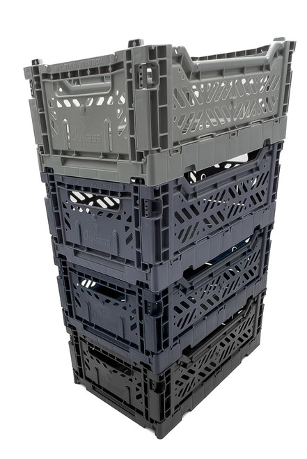 AYKASA 4-Pack Foldable Storage Bins, Plastic Crate for Storage, Collapsible Crate, Utility Stackable Box Small (GREY -COBALT BLUE - NAVY - BLACK) AYKASA 4-Pack Foldable Storage Bins, Plastic Crate for Storage, Collapsible Crate, Utility Stackable Box Small (GREY -COBALT BLUE - NAVY - BLACK)