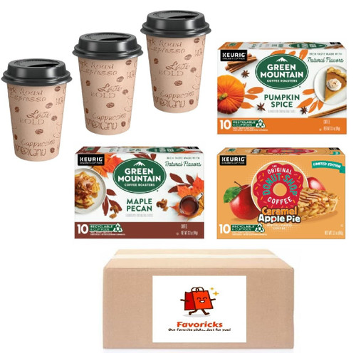 Maple Pecan, Pumpkin Spice and Caramel Apple K-Cup Coffee Pod Capsules Flavors Variety Pack Plus 10 Hot Cups with Lids Packaged by Favoricks