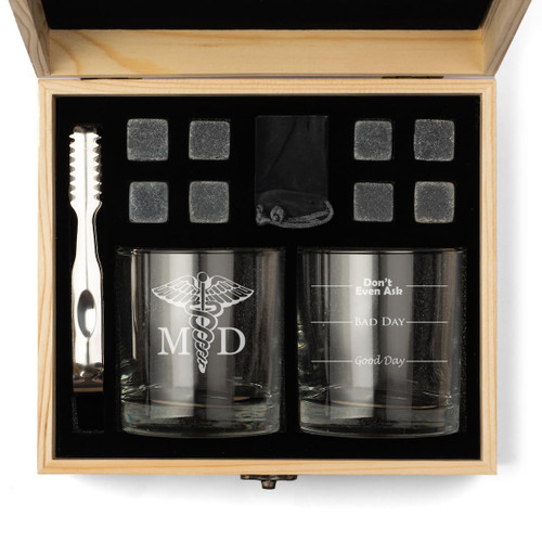 Whiskey Glass Gift Box Set with Whiskey Stones and 2 Rocks Glasses MD Medical Doctor Good Day Bad Day Don't Even Ask Fill Lines Funny