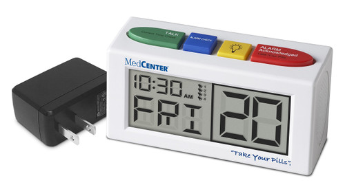 MEDCENTER Pill Reminder Talking Alarm Clock with Loud Set Multiple Alarms with AC Adapter Included - 5.25"X2.25"X3.75", White, Black, Red, Green