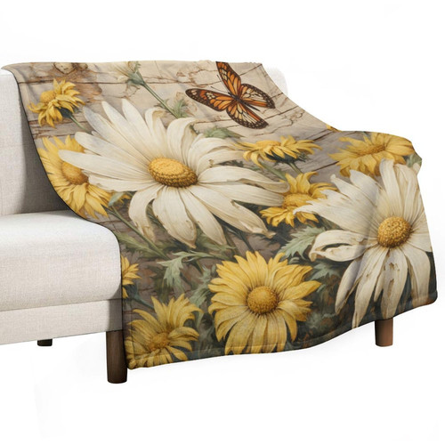 Blanket Floral Daisies and Butterflies Fleece Throw Blanket Vintage Rustic Flowers Flannel Fleece Throw Blanket for Couch Bed Sofa for Kids and Adults 60"x80" Super Soft Flannel Fleece Blankets