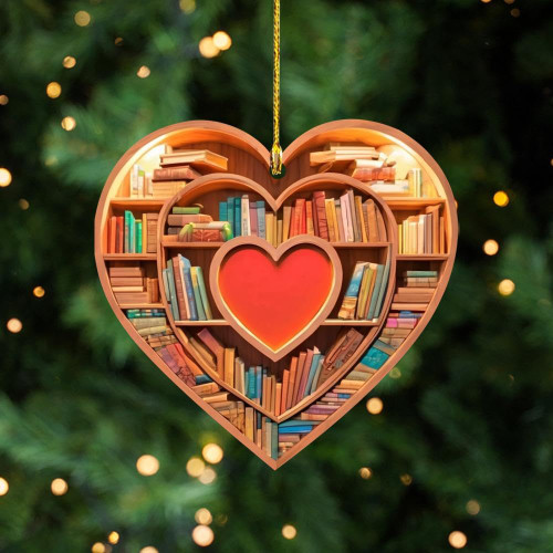 Heart Shaped Bookshelf Pendant, Christmas Book Ornament, Book Lovers Librarian Ornament, Acrylic Bookshelf Ornament Christmas Tree Decor Gifts, Home Tree Car Rearview Mirror Decor