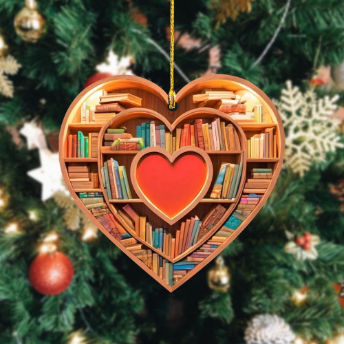 Book Lovers Heart Ornament, Book Lovers Heart Librarian Ornaments, 2024 Christmas Tree Hanging Heart Ornament?Heart Shaped Bookshelf Pendant,Acrylic Car Interior Decor for Book Lovers