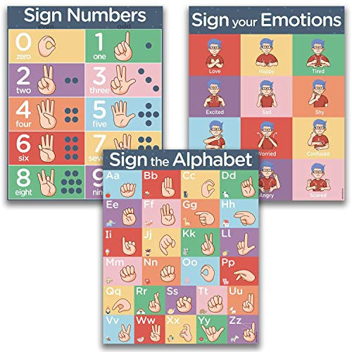 ASL Sign Language Poster Charts - 3 Laminated Alphabet Letters, Numbers And Emotions Posters For Kids Classroom Learning