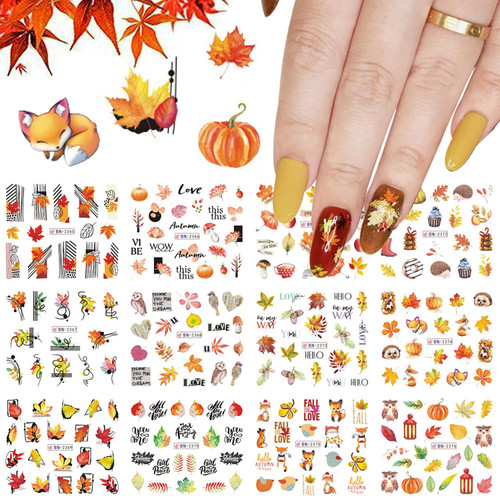 Fall Nail Art Stickers 12 Sheet Fall Nail Decals Maple Leaf ? Cute Fox Designs Thanksgiving Nail Stickers Water Transfer Nail Decals Autumn and Winter Fall Leaf Nail Art for Women Nail Stickers