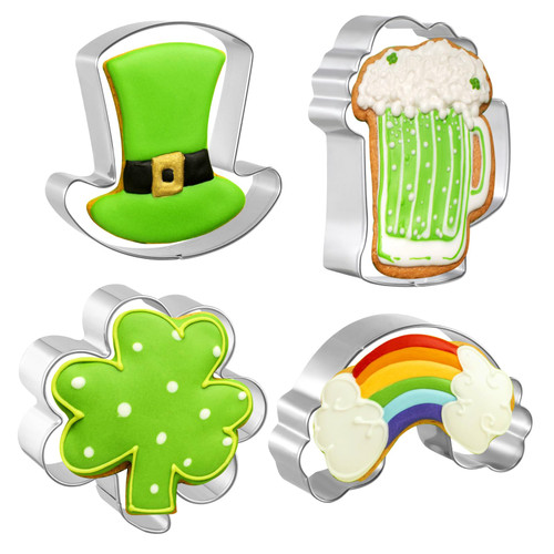 St. Patricks Day Cookie Cutters, 4 Pcs Cookie Cutter Set, 3 to 4 inch Cookie Cutter with 4 Leaf Clover/Shamrock, Rainbow, Beer Mug & Top Hat for Irish St. Patricks Day