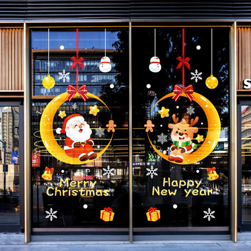 DIY Christmas Windows Clings - Moon Ship Wreath Snowflakes Santa Claus Xmas Tree Wall Window Stickers Door Mural Decals Static Sticker for Showcase Winter Party Decorations
