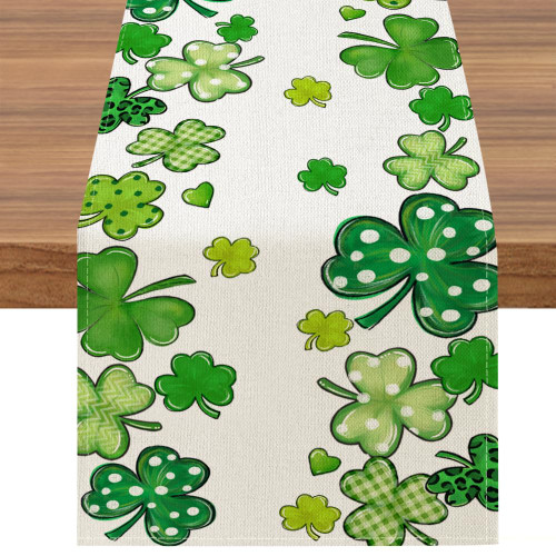 BREVITON Shamrocks St. Patricks Day Table Runner, Green Clover Holiday Farmhouse Home Kitchen Dining Table Decoration, 13x72 Inch