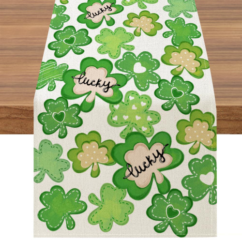 BREVITON St. Patricks Day Shamrocks Table Runner, Lucky Clovers Holiday Home Kitchen Dining Table Decoration, 13 x 72 Inch