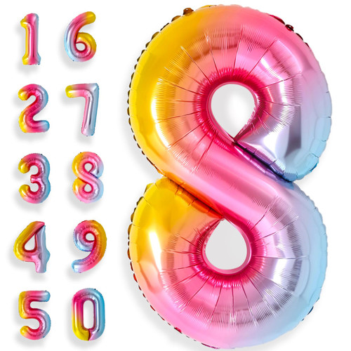 Giant Rainbow Number 8 Balloon 40 Inch Number 8 Balloon for Happy 8th Birthday Decorations Gradient Colorful Mylar rainbow 8 Balloon Number 8th birthday Decors Girls boy Number 8 Balloon Photo Shoot