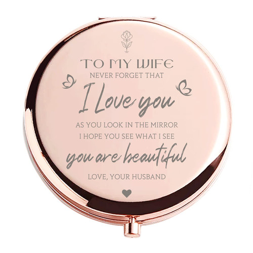 HTOTNGIFT Valentines Day Romantic Gifts for Wife Her, I Love You Wife Gifts from Husband Rose Gold Compact Mirror, Funny for Women Her, Gift Ideas for Wedding